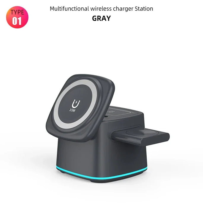 Magnetic Wireless Charger Fodable 3 in 1 15W Fast Charging Dock Station for Apple Watch iPhone 14 13 12 Pro Max Plus Airpods Pro