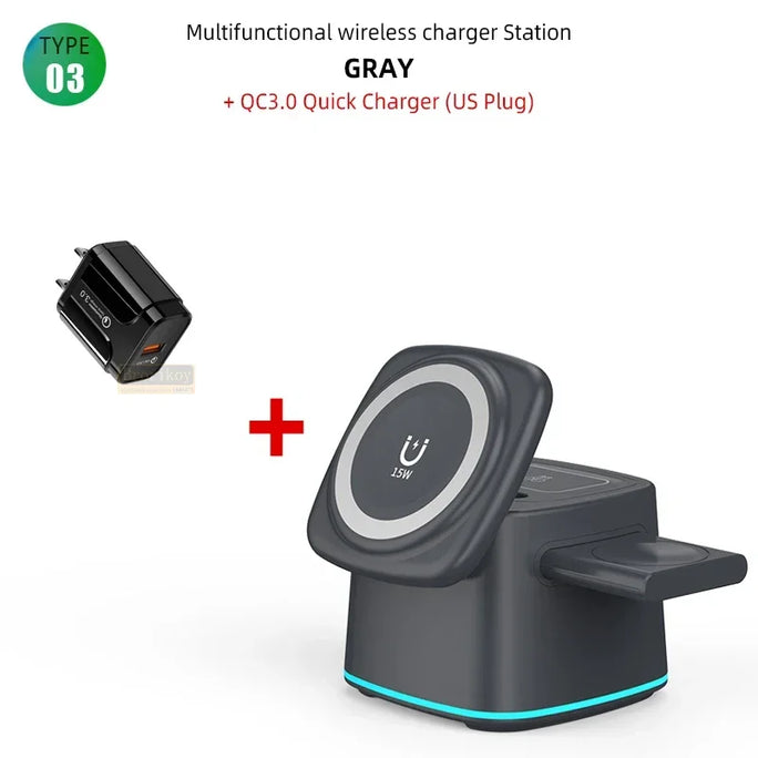 Magnetic Wireless Charger Fodable 3 in 1 15W Fast Charging Dock Station for Apple Watch iPhone 14 13 12 Pro Max Plus Airpods Pro