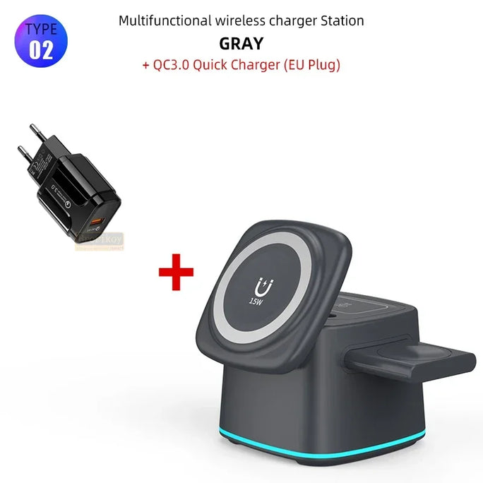 Magnetic Wireless Charger Fodable 3 in 1 15W Fast Charging Dock Station for Apple Watch iPhone 14 13 12 Pro Max Plus Airpods Pro