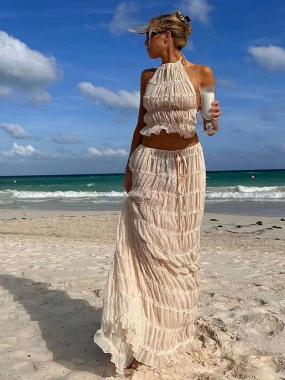 Backless Ruched Beach Set – Halter Top & Long Skirt Two-Piece Outfit