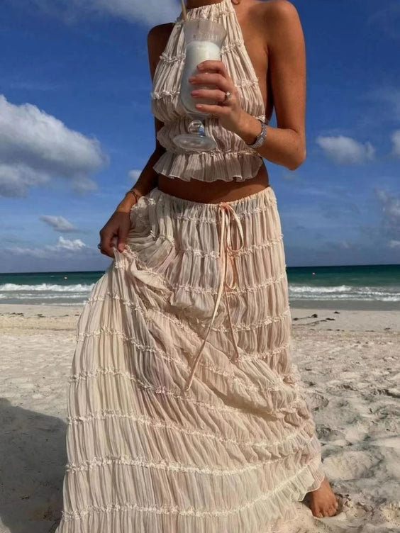 Backless Ruched Beach Set – Halter Top & Long Skirt Two-Piece Outfit