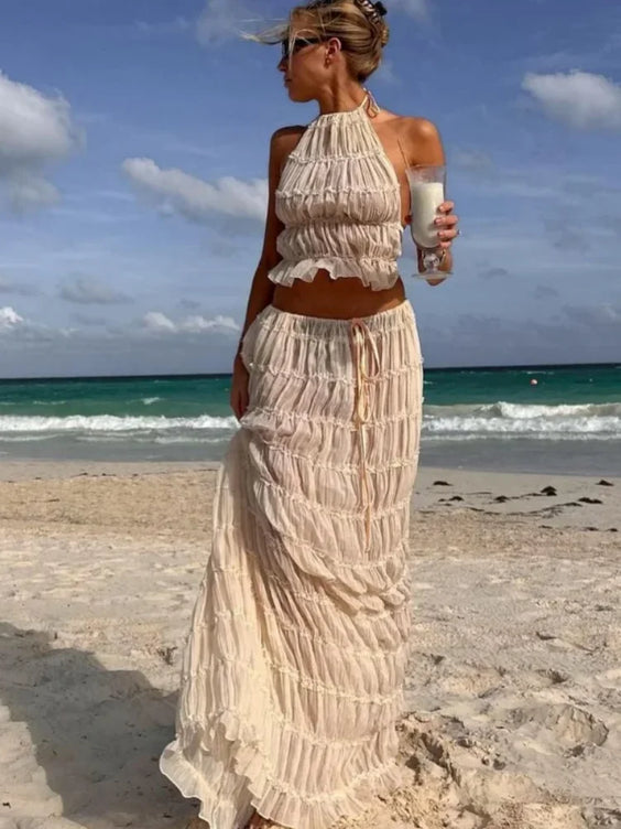 Backless Ruched Beach Set – Halter Top & Long Skirt Two-Piece Outfit